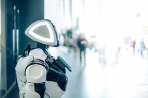 Futuristic robot assistant with artificial intelligence in a public place