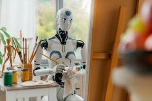 Humanoid AI robot painting on canvas