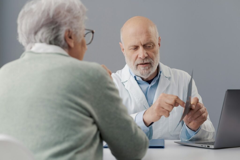 Senior woman talking with a radiologist